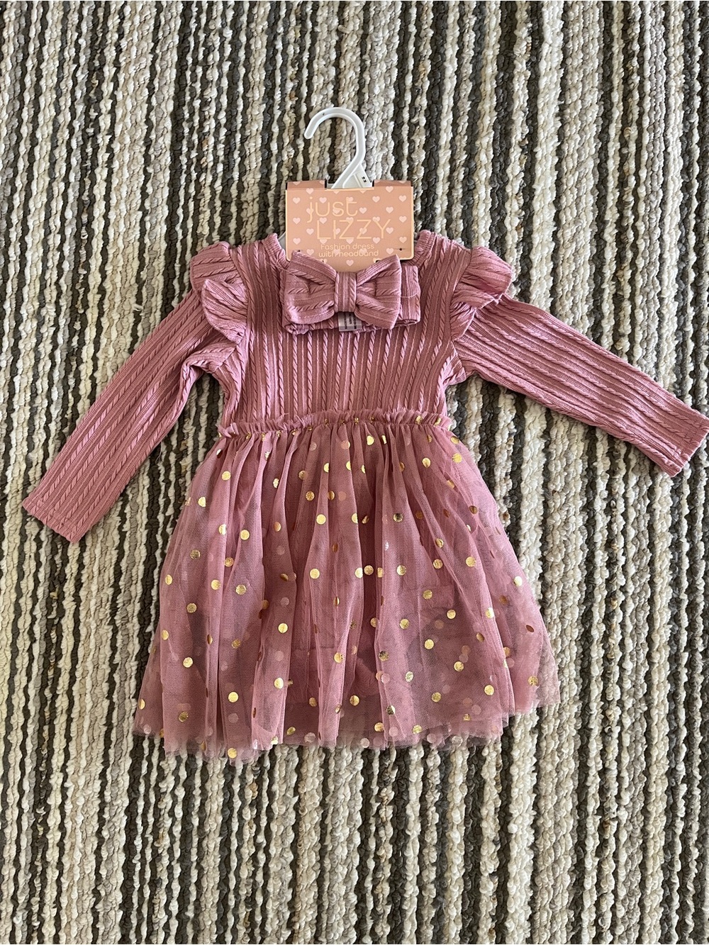 Pink Gold Dot Tulle Kids Dress with Bow